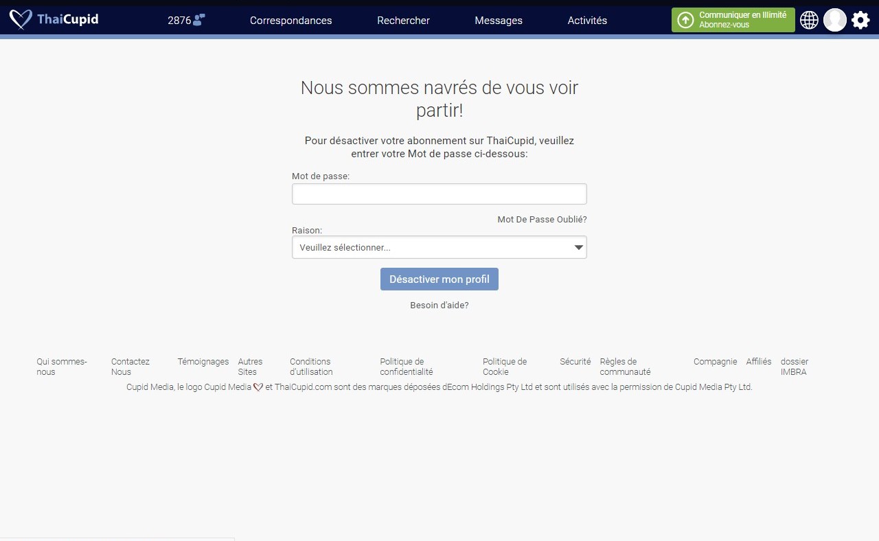 Désactivation du profil sur Thai Cupid