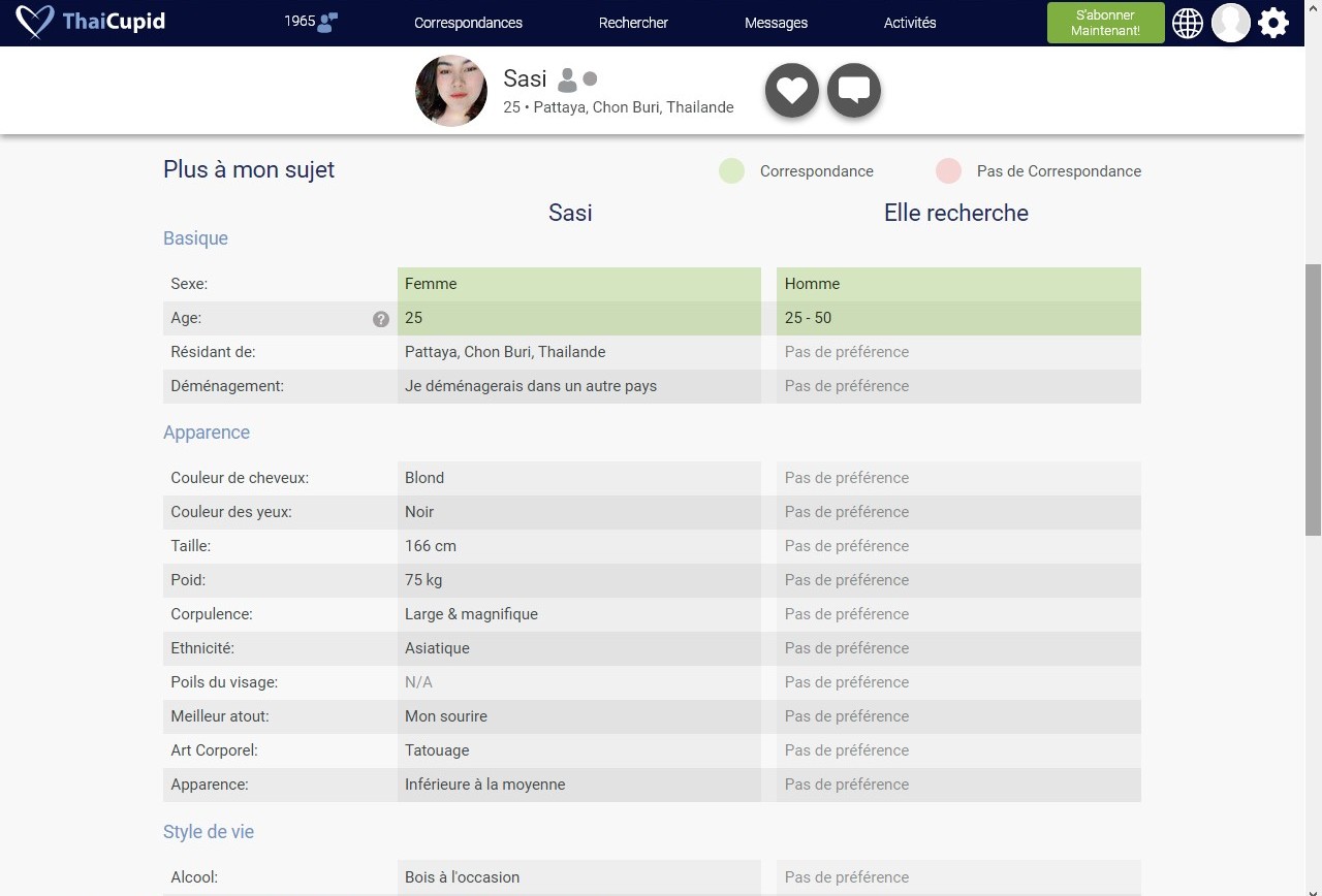 Exemple de Fiche Profil sur Thai Cupid